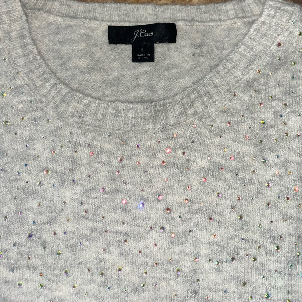 JCREW soft grey crewneck sweater with bling rhinestone detail size L
